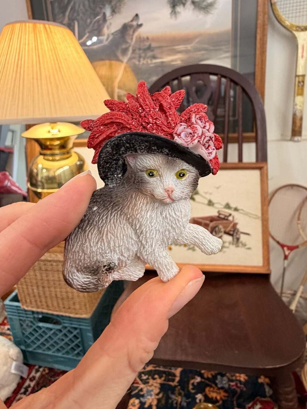Vintage Cat Fridge Magnet In Red Fancy Flower Glitter Hat MSR Imports Inc